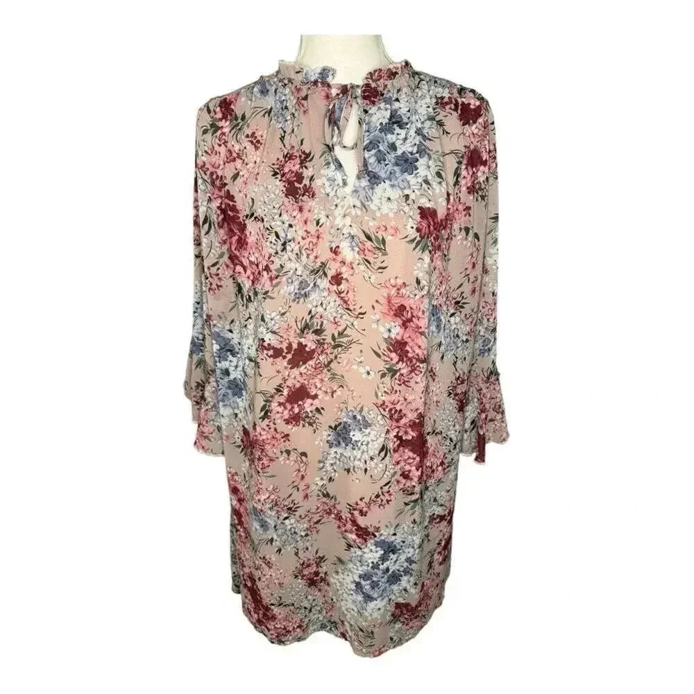 Umgee USA Women's Medium Floral Print Long Sleeve Dress Multicolor A-Line Boho
